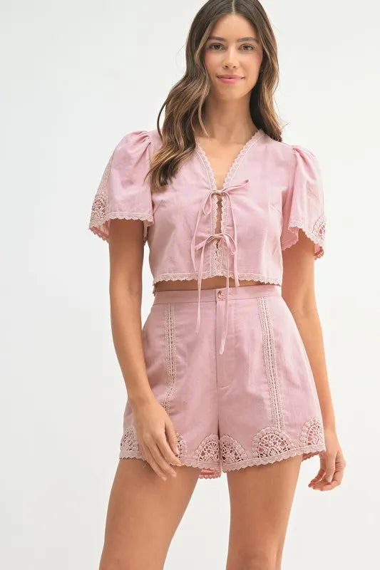 MABLE Crochet Lace Detail Crop Top and Shorts Set - Clothes For Her Online Store