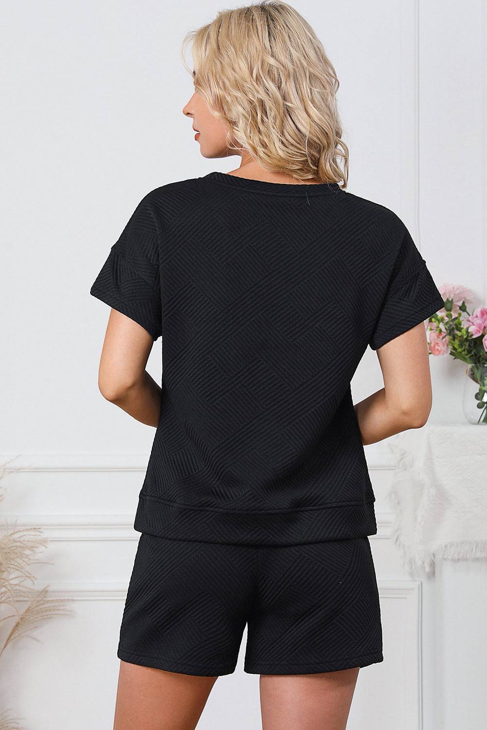 Textured Round Neck T-Shirt and Shorts Set - Clothes For Her Online Store