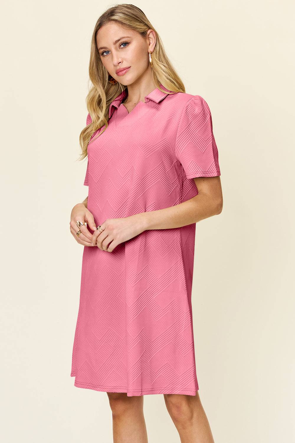 Double Take Full Size Texture Collared Neck Short Sleeve Dress - Clothes For Her Online Store
