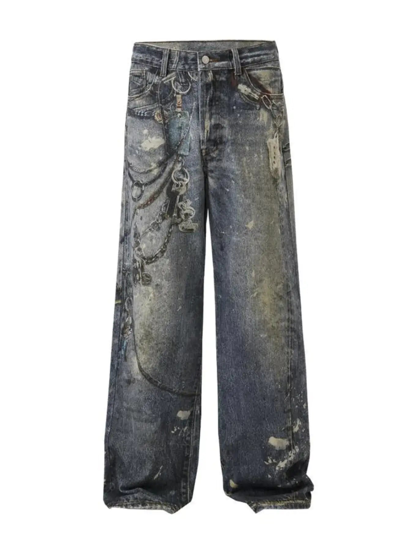 Men's Distressed Printed Wide Leg Jeans