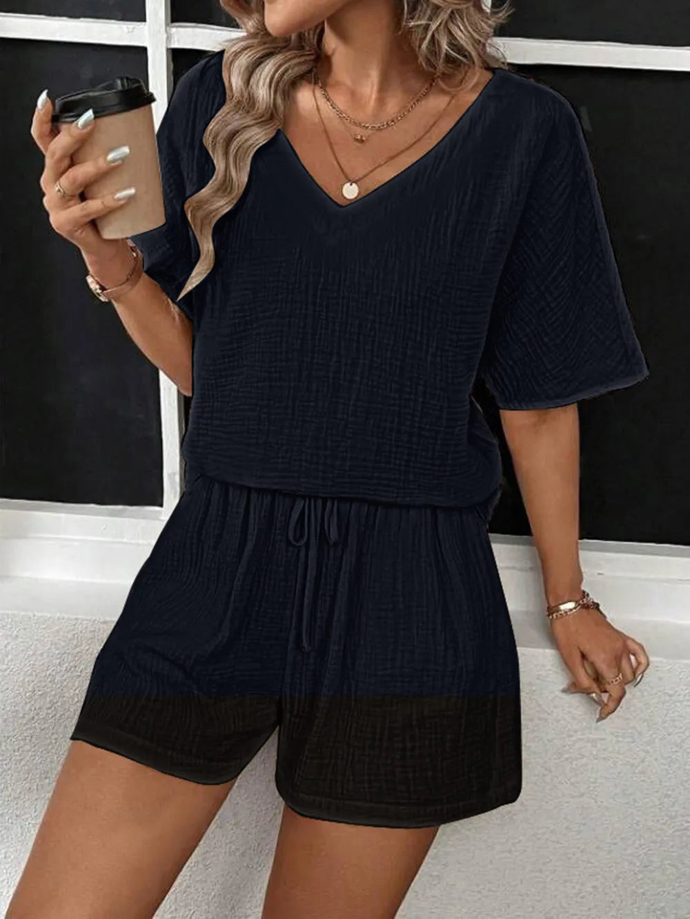 V-Neck Half Sleeve Top and Shorts Set - Clothes For Her Online Store