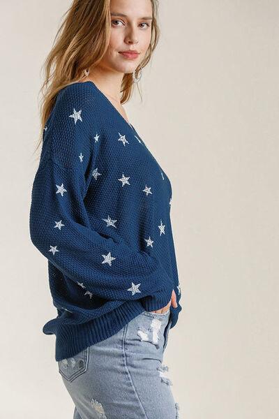 Umgee Full Size Star V-Neck Long Sleeve Sweater Plus Size