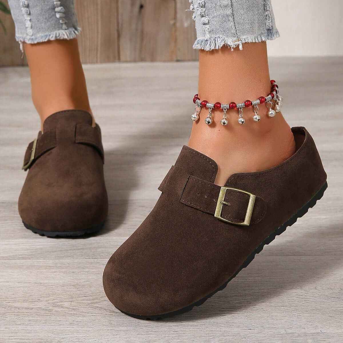 Round Toe Suede Buckle Slip-Ons