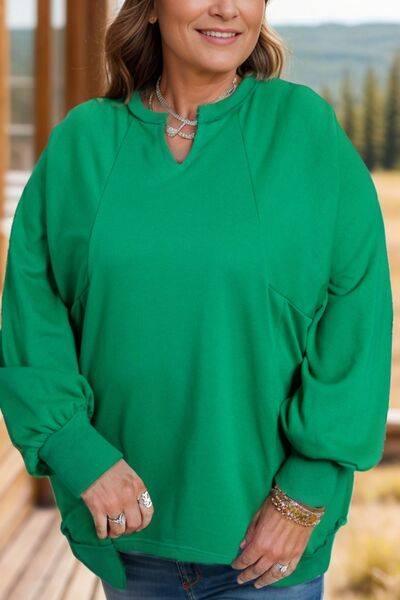 Plus Size Cutout Hem Notched Long Sleeve Sweatshirt - Clothes For Her Online Store