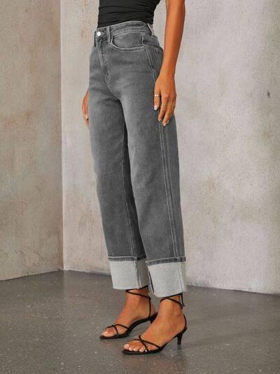 High Waisted Straight Leg Rolled Jeans - Clothes For Her Online Store