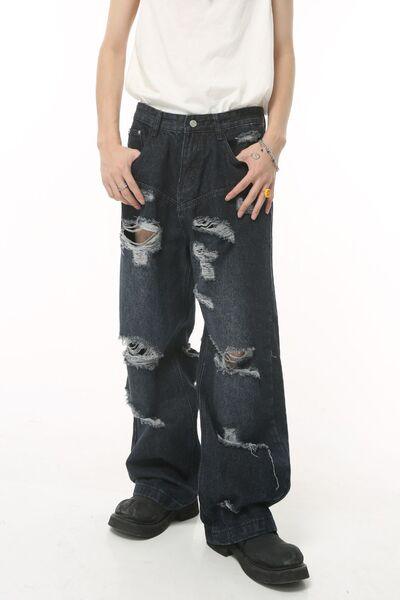 Distressed Wide Leg Pocketed Men's Jeans