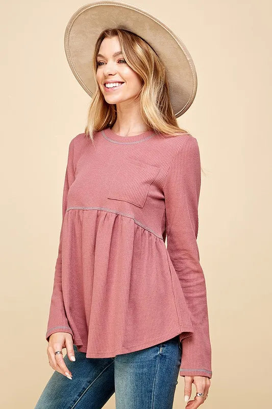 Lime 'N' Chili Waffle Knit Babydoll Top with Left Pocket Detail