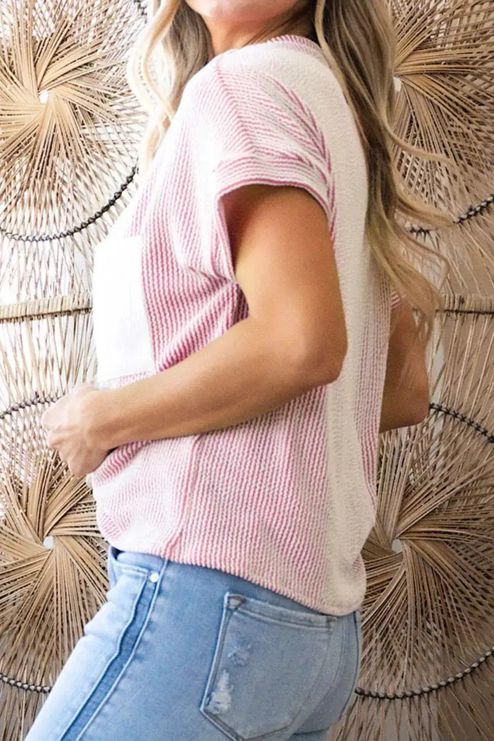 Corded Knit Color Block Pocketed Crew Neck T Shirt - Clothes For Her Online Store