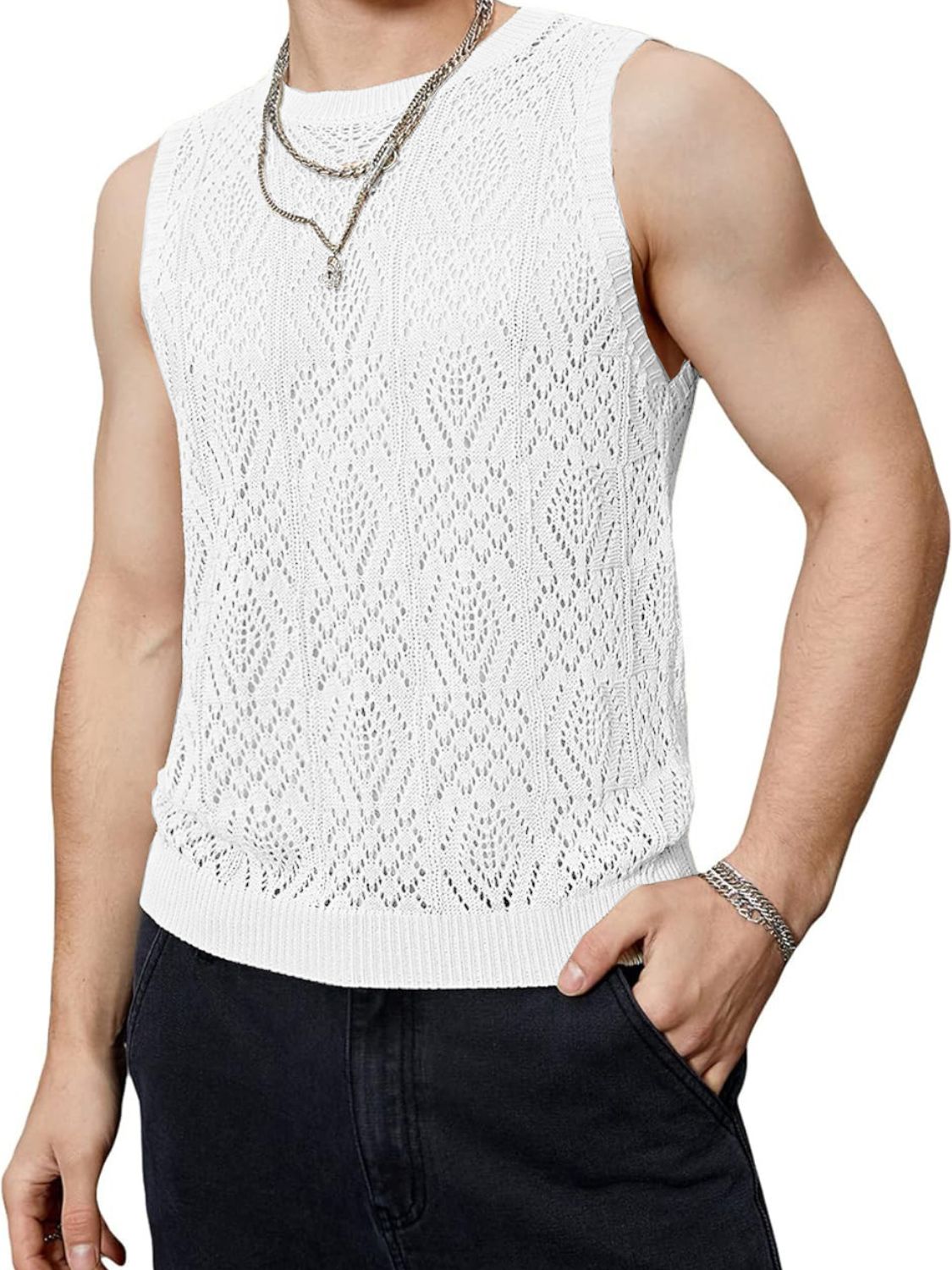 Men's Openwork Round Neck Tank - Clothes For Her Online Store
