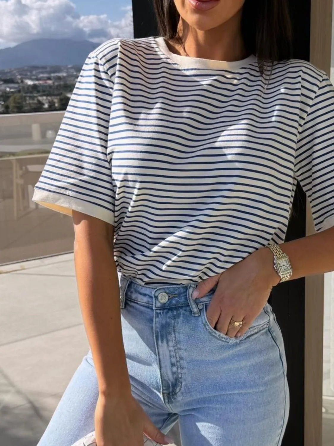 Striped Round Neck Short Sleeve T-Shirt