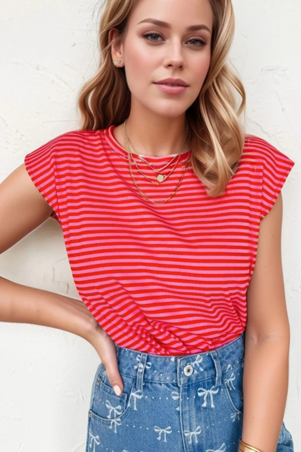 Stripe Ribbed Cap Sleeve Round Neck T Shirt