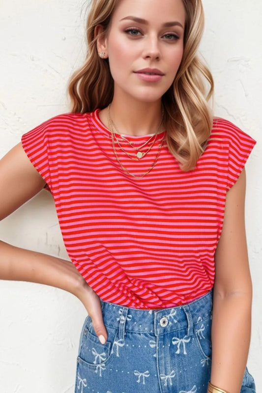 Stripe Ribbed Cap Sleeve Round Neck T Shirt