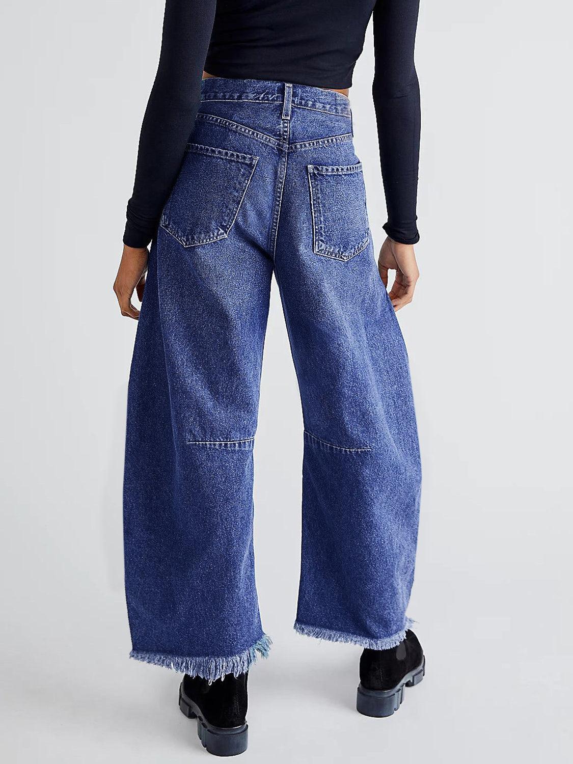 Raw Hem Wide Leg Jeans with Pockets - Clothes For Her Online Store