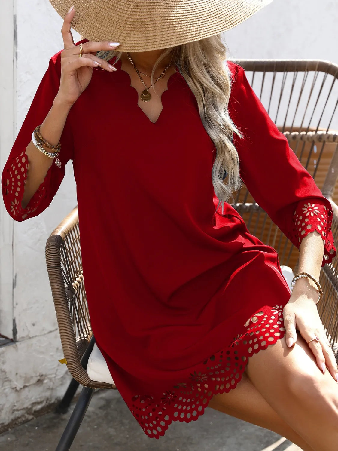 Cutout V-Neck Three-Quarter Sleeve Mini Dress