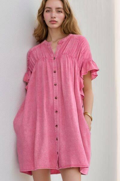 Ruffled Short Sleeve Buttoned Denim Mini Dress - Clothes For Her Online Store