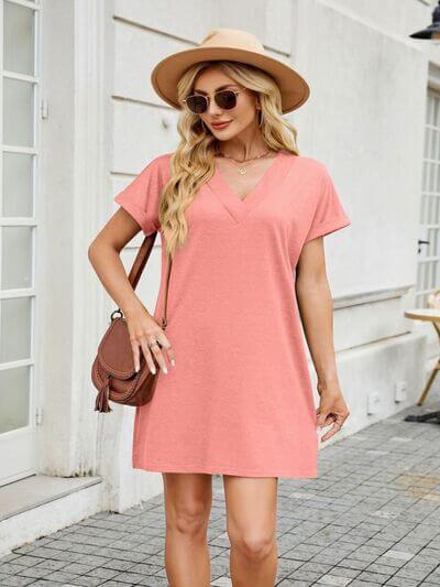 V-Neck Short Sleeve Mini Tee Dress