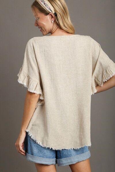 Umgee Full Size Raw Hem Ruffle Short Sleeve Blouse Plus Size