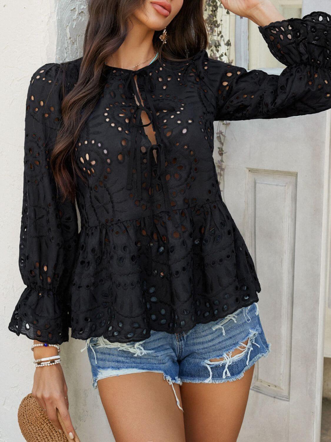 Devine Tie Front Flounce Sleeve Peplum Blouse