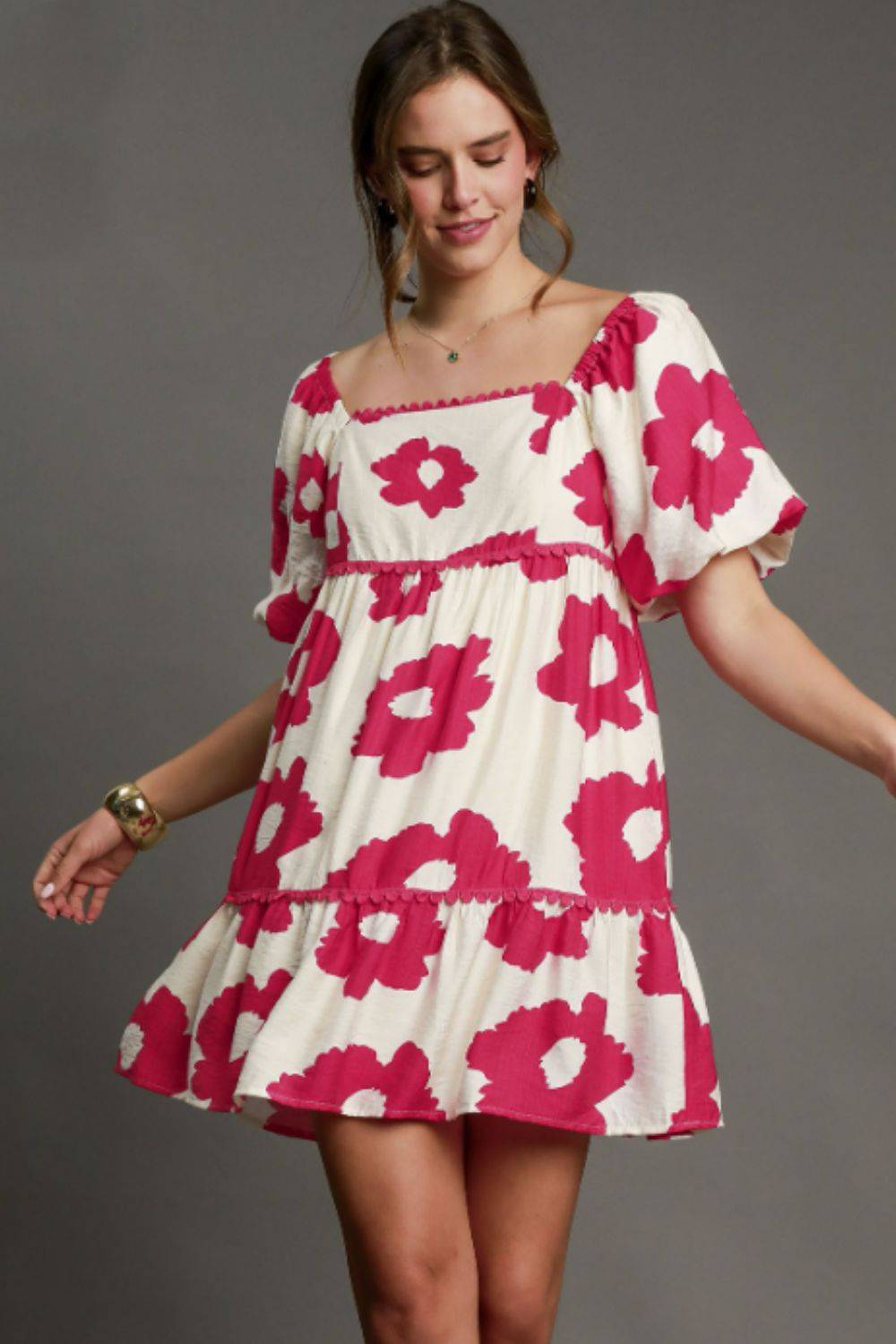 Umgee Full Size Contrast Floral Short Sleeve Mini Dress Plus Size - Clothes For Her Online Store