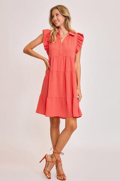 Umgee Full Size Johnny Collar Ruffle Cap Sleeve Tiered Dress Plus Size