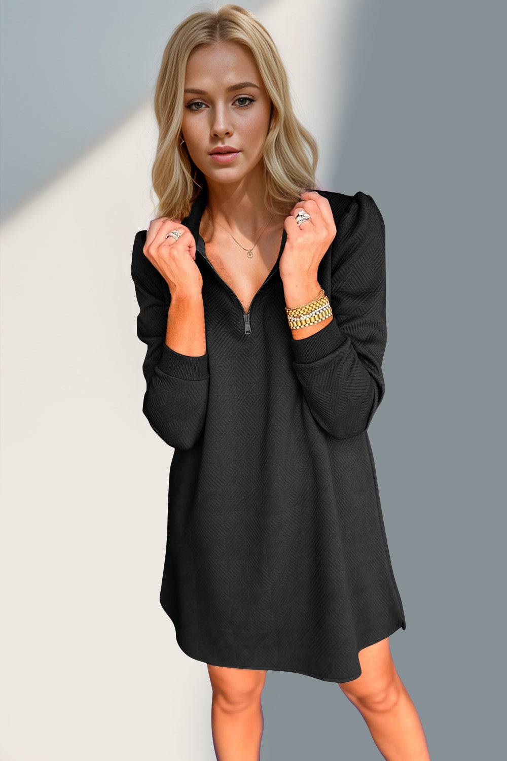 Double Take Textured Quarter Zip Long Sleeve Dress - Clothes For Her Online Store