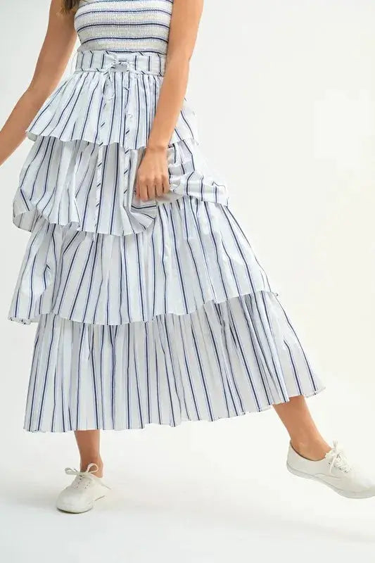 MABLE Pin Stripe Smocked Bodice Layered Midi Dress - Clothes For Her Online Store