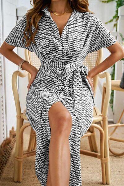 Devine Collared Neck Short Sleeve Midi Shirt Dress - Clothes For Her Online Store