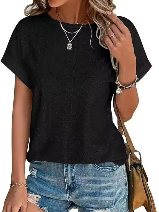 Eyelet Round Neck Short Sleeve T-Shirt - Clothes For Her Online Store