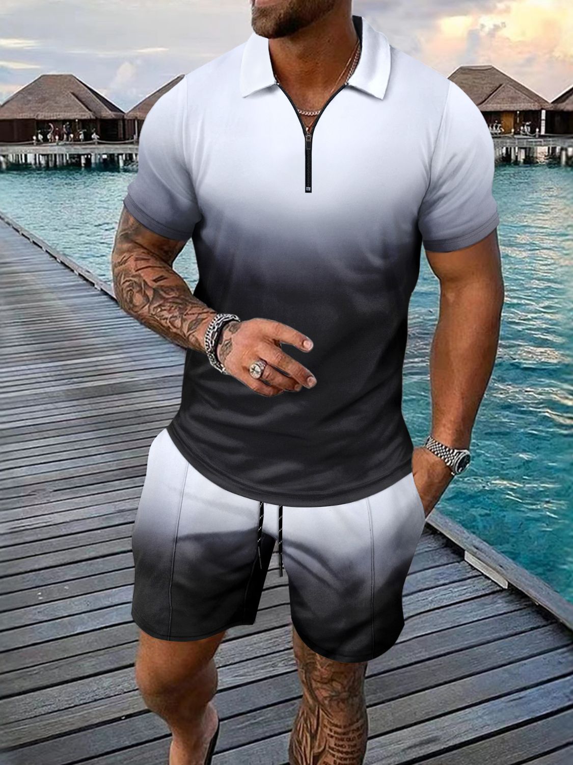 Men's Full Size Gradient Collared Neck Top and Shorts Set Plus Size - Clothes For Her Online Store