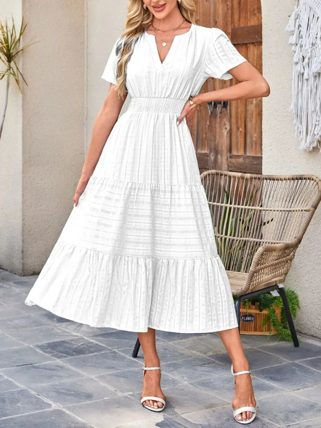Tiered Notched Short Sleeve Dress - Clothes For Her Online Store