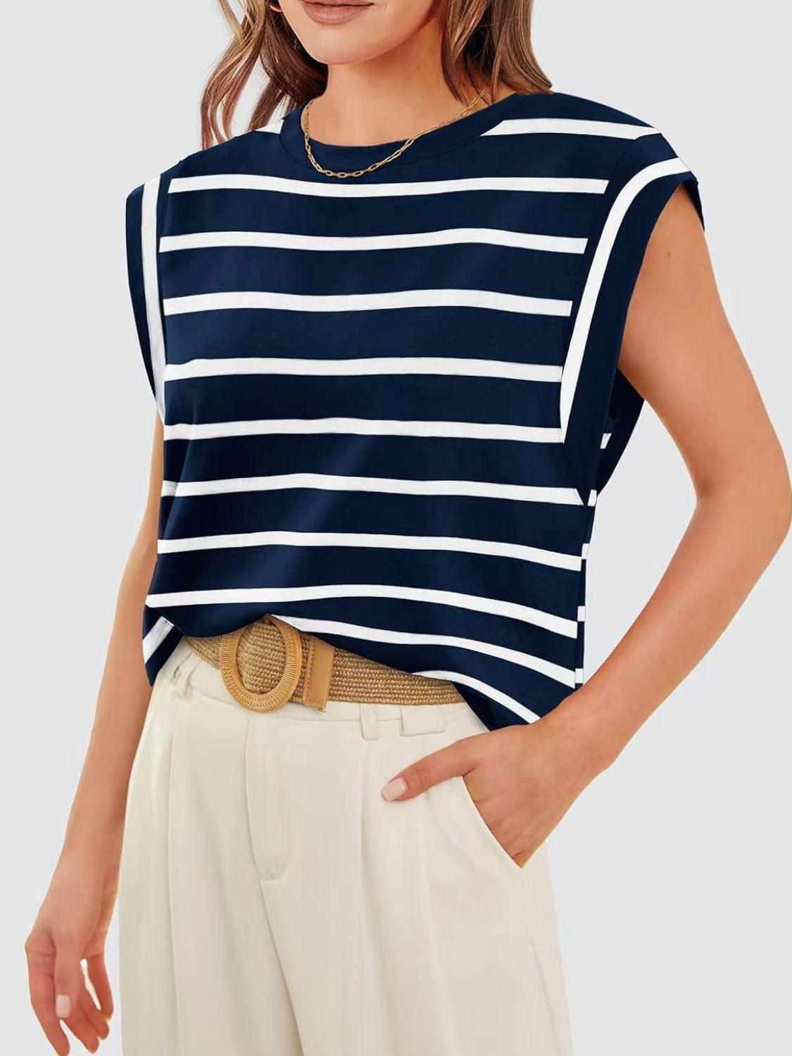 Florira Striped Round Neck Cap Sleeve T-Shirt