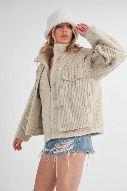 Aemi + Co Fake Two Pieces Turtleneck Sherpa Jacket with Pockets