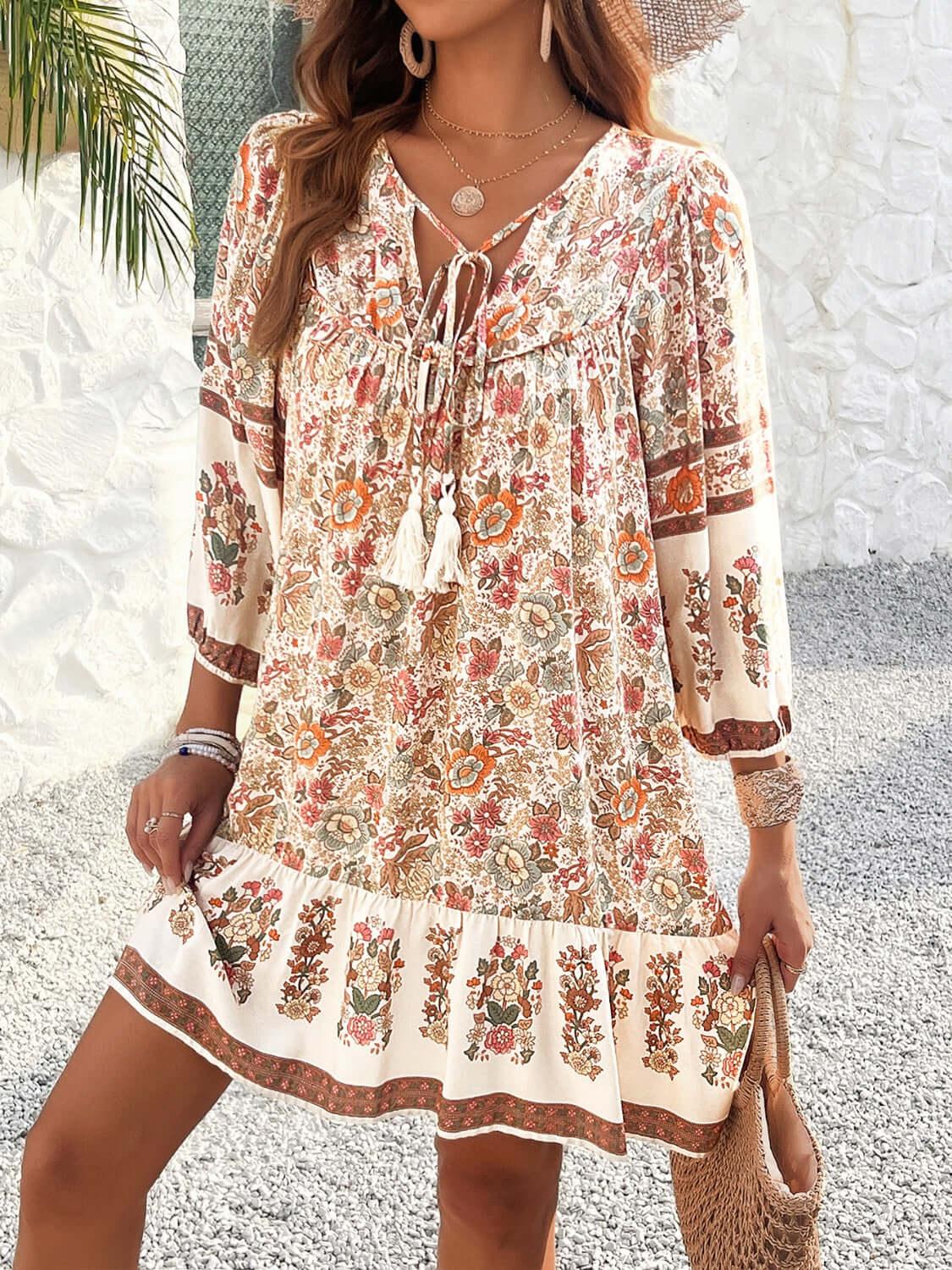 Devine Tassel Floral Tie Neck Mini Dress