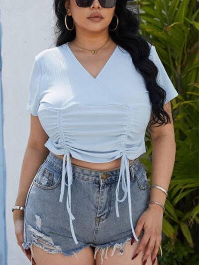 Plus Size Ruched Surplice Short Sleeve Blouse - Clothes For Her Online Store