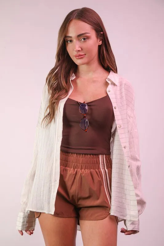 VERY J Oversized Striped Button Down Shirt Top