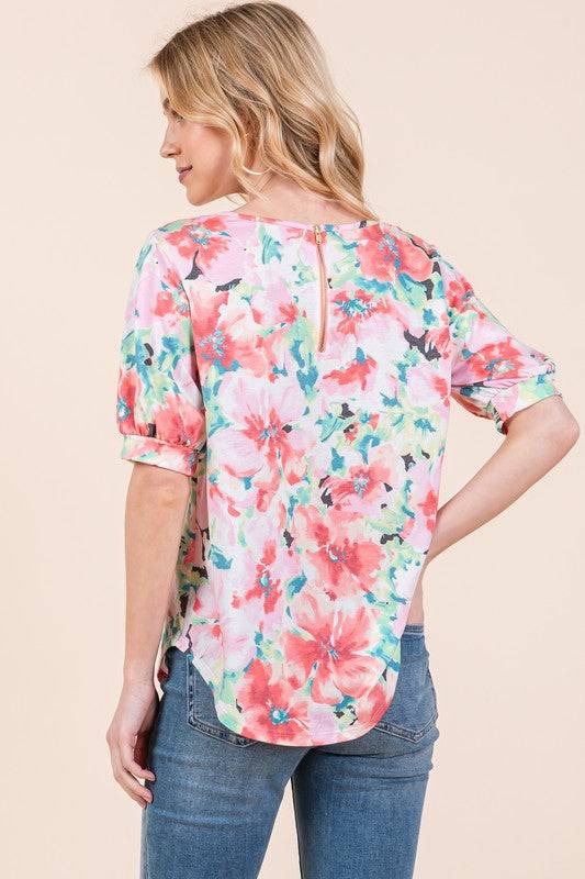 BOMBOM Floral Round Neck Puff Sleeve Top - Clothes For Her Online Store