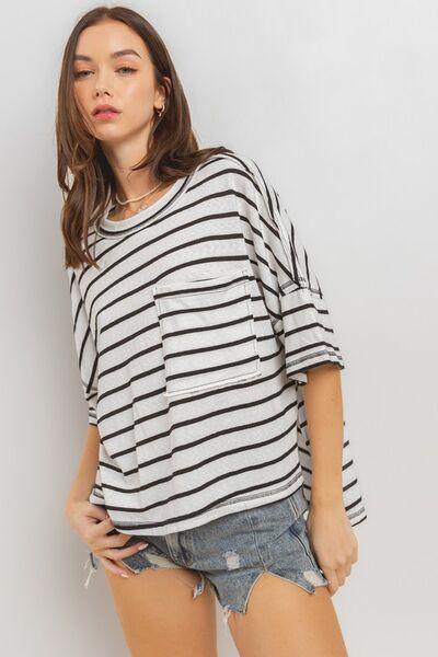 Ces Femme Side Slit Striped Round Neck Half Sleeve T-Shirt - Clothes For Her Online Store
