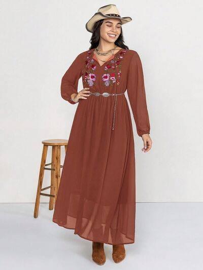 Plus Size Embroidered Tie Neck Long Sleeve Dress - Clothes For Her Online Store