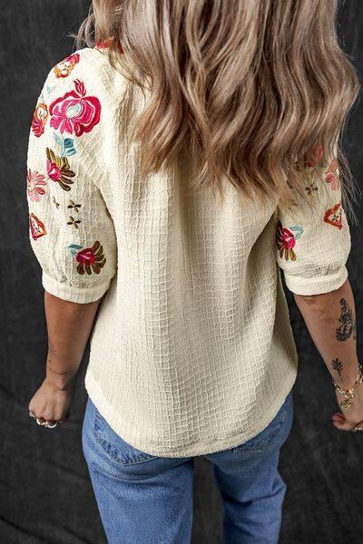 Floral Embroidered Notched Puff Sleeve Blouse