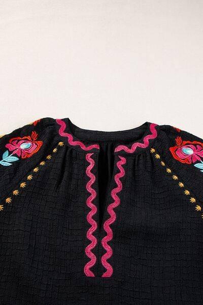 Floral Embroidered Notched Puff Sleeve Blouse