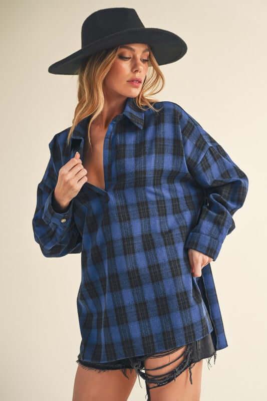 Aemi + Co Side Slit High-Low Plaid Long Sleeve Polo Shirt