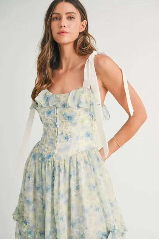 MABLE Floral Printed Shoulder Strap Midi Dress - Clothes For Her Online Store