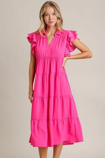 Umgee Full Size Johnny Collar Ruffle Cap Sleeve Tiered Dress Plus Size