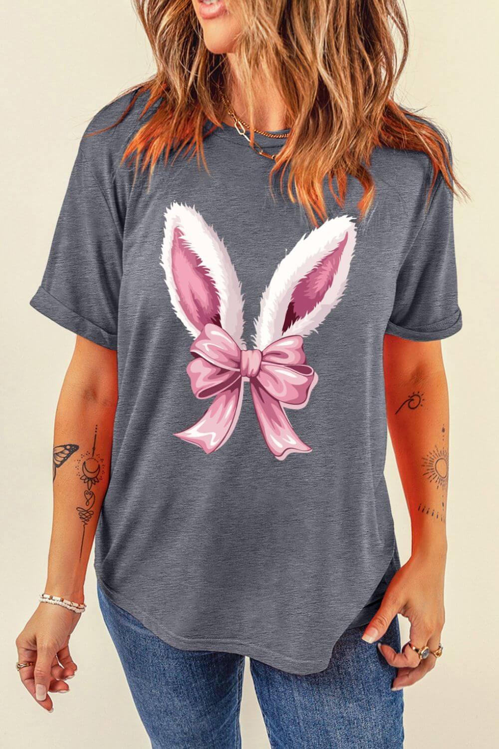 Bunny Ear Bow Graphic Short Sleeve T-Shirt