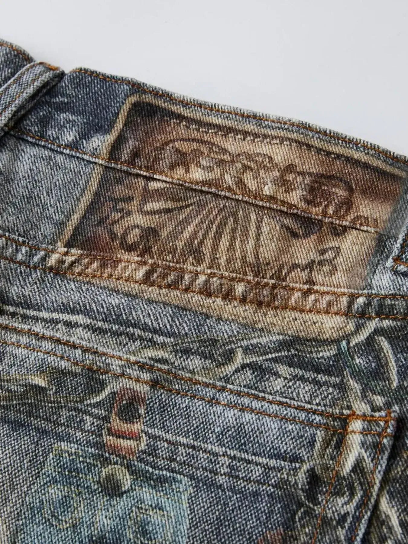 Men's Distressed Printed Wide Leg Jeans