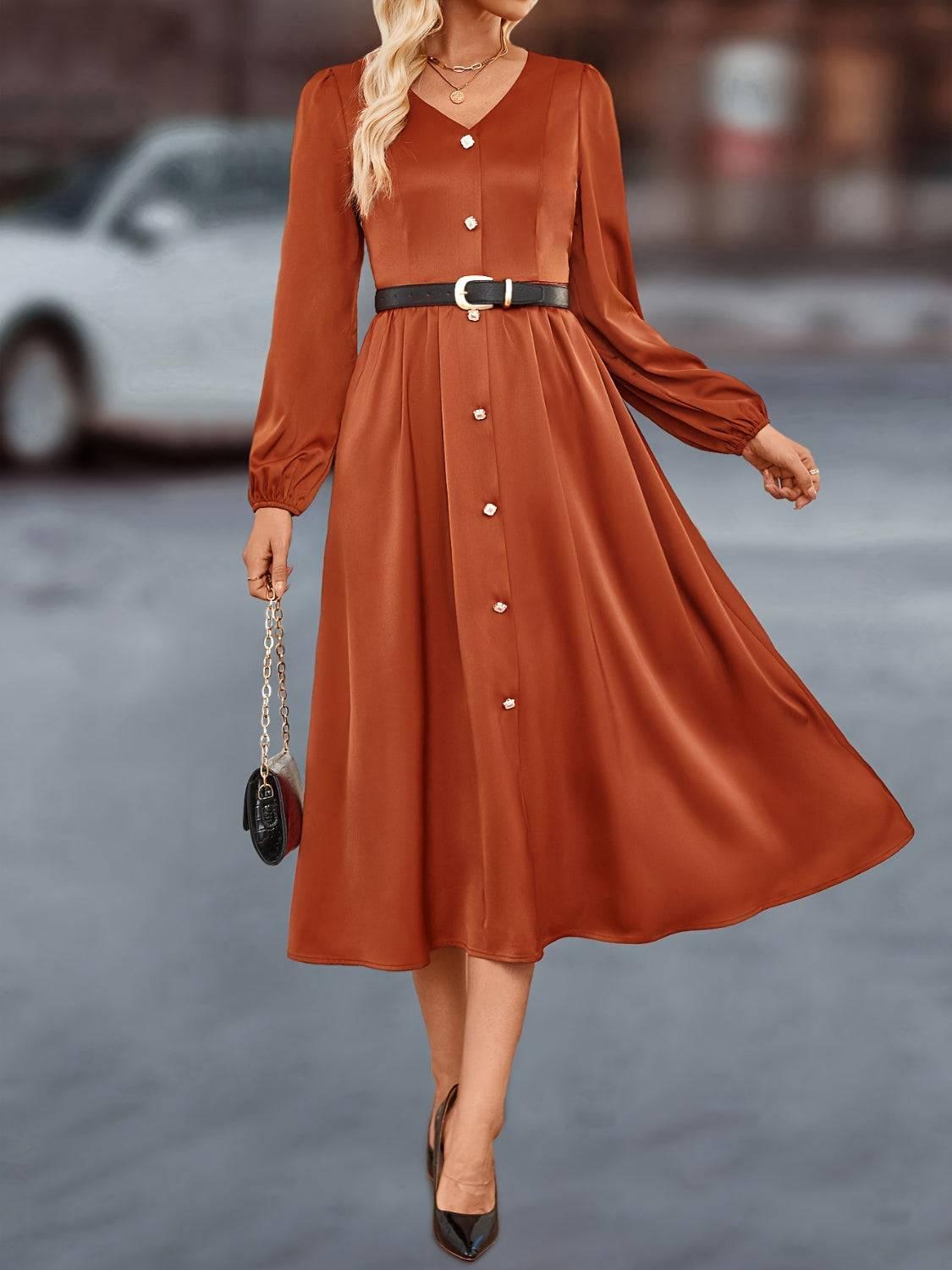 V-Neck Balloon Sleeve Midi Dress