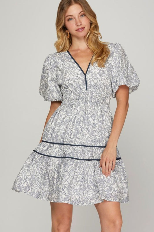 She + Sky Full Size Printed V-Neck Puff Sleeve Tiered Dress Plus Size - Clothes For Her Online Store