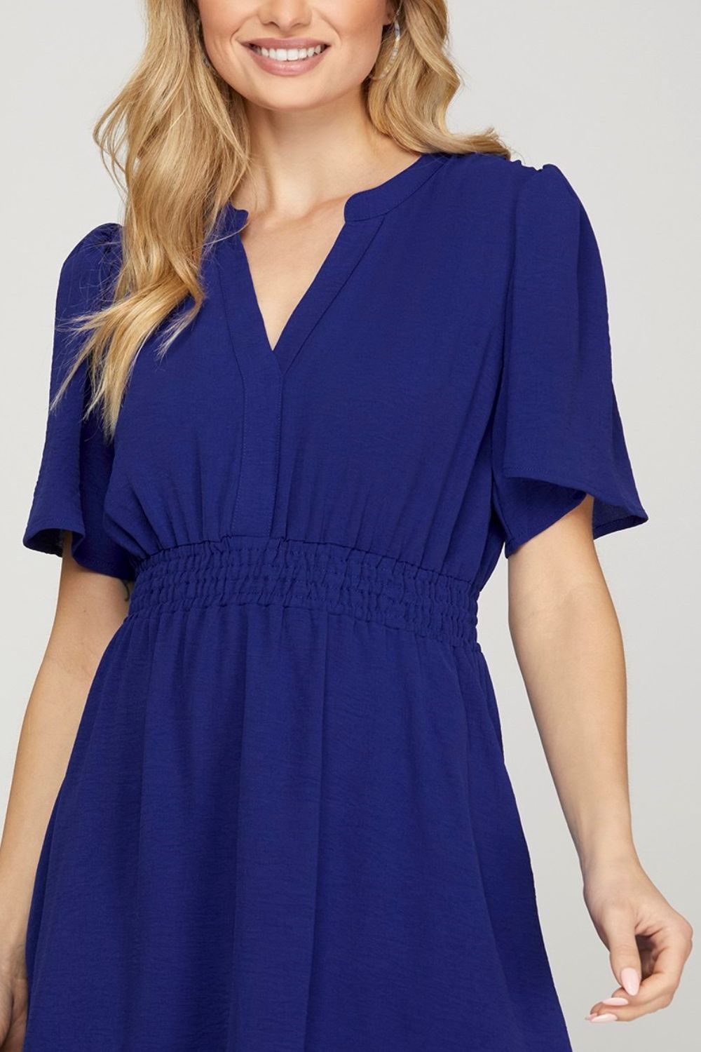 She + Sky Ruffled Hem Notched Flutter Sleeve Mini Dress - Clothes For Her Online Store