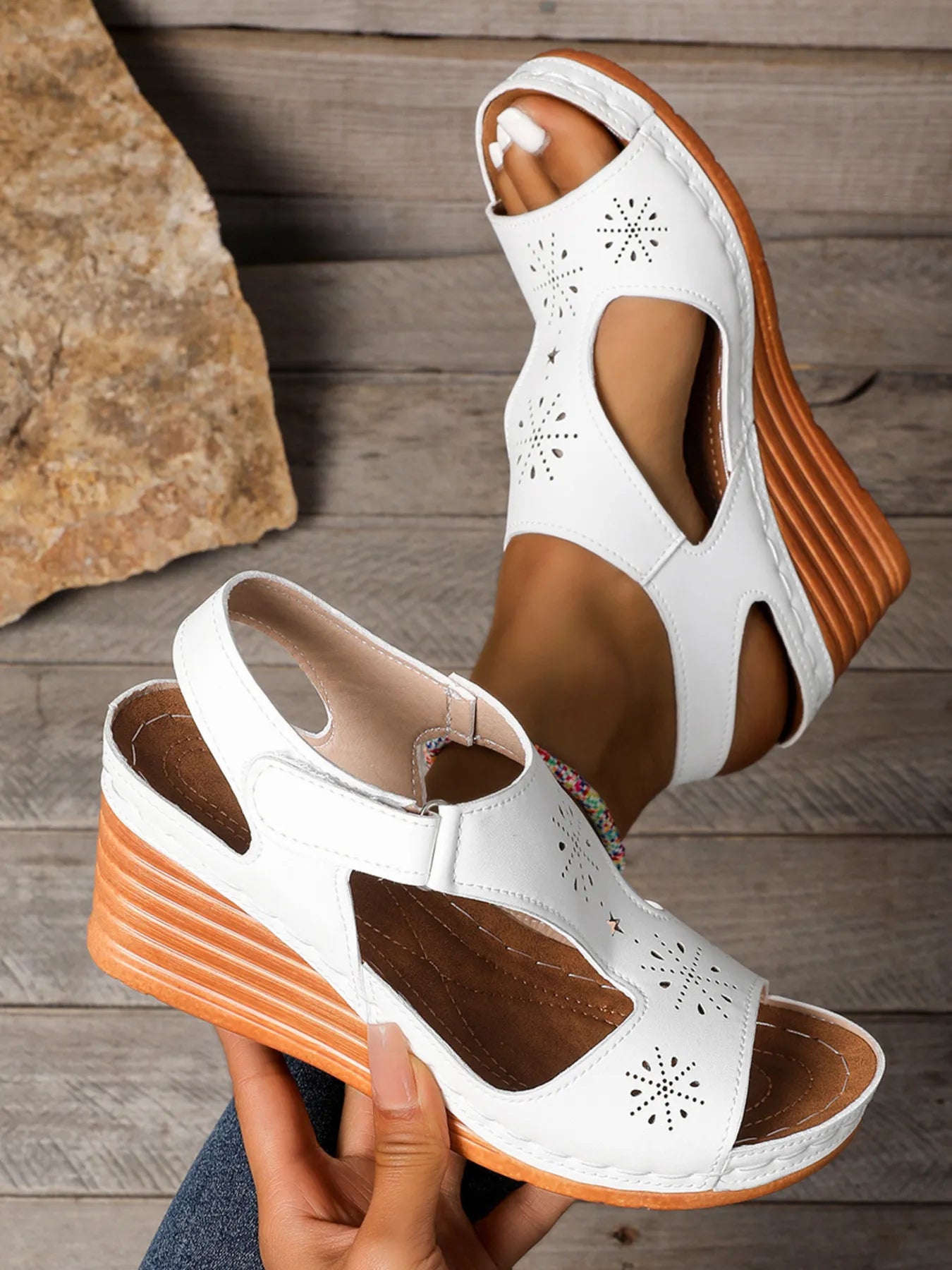 Perforated Wedge Sandals with Ankle Strap