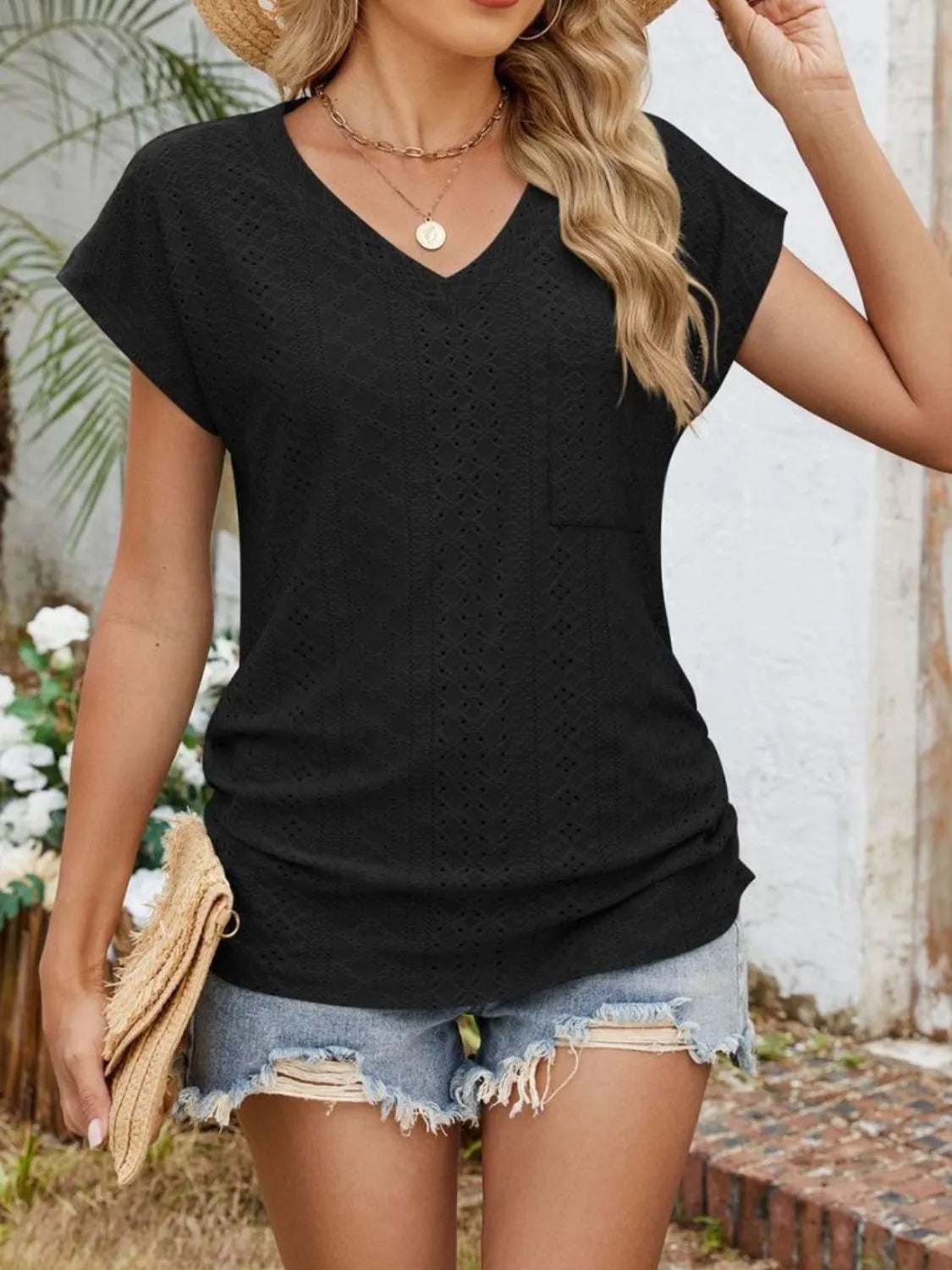 Eyelet V-Neck Short Sleeve Top - Clothes For Her Online Store
